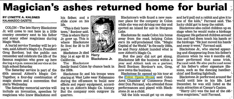 Hills Opera House - Aug 1997 Article On Harry Blackstone